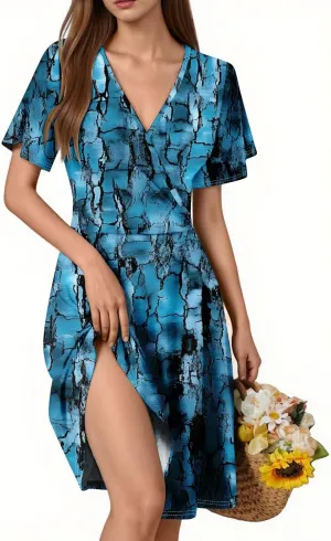 Boho Summer Wrap Dresses for Women 2025 V Neck Floral Dress Short Sleeve A-Line Midi Vacation Beach Sundress