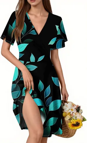 Boho Summer Wrap Dresses for Women 2025 V Neck Floral Dress Short Sleeve A-Line Midi Vacation Beach Sundress
