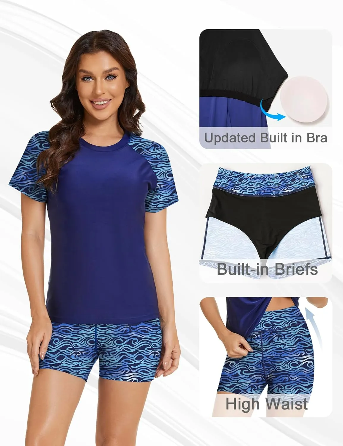 Bonneuitbebe Women's 2 Piece Rash Guard Short Sleeve UPF 50  Swim Shirt Built in Bra Bathing Suit with Boyshorts Bottoms