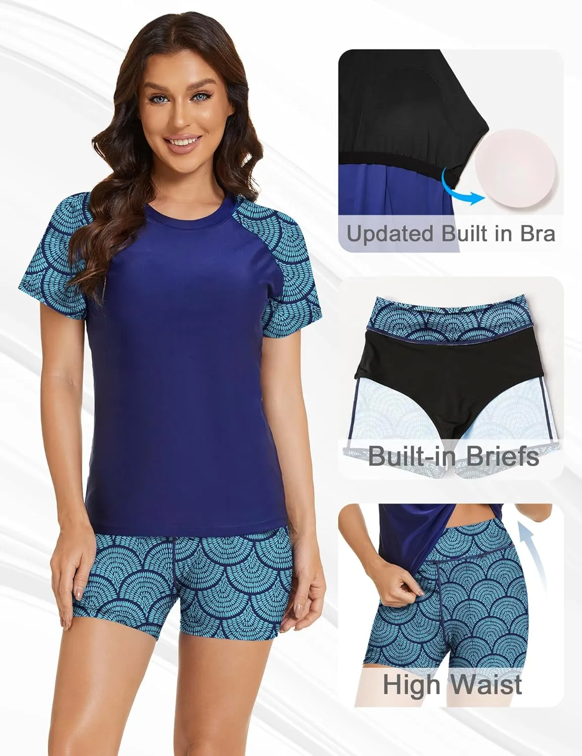 Bonneuitbebe Women's 2 Piece Rash Guard Short Sleeve UPF 50  Swim Shirt Built in Bra Bathing Suit with Boyshorts Bottoms