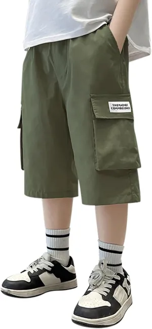 Boy's Baggy Cargo Shorts Straight Leg Cool Shorts Flap Pocket Letter Patched Short