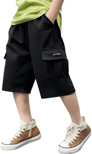 Boy's Baggy Cargo Shorts Straight Leg Cool Shorts Flap Pocket Letter Patched Short