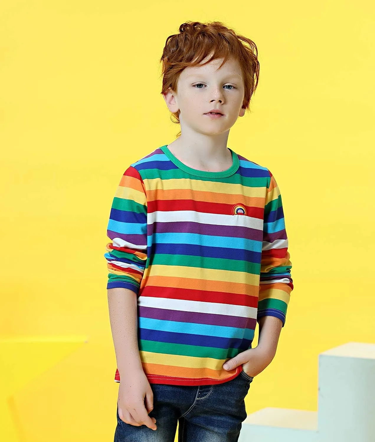 Boys Cotton Long Sleeve T-Shirts Rainbow Striped Shirts
