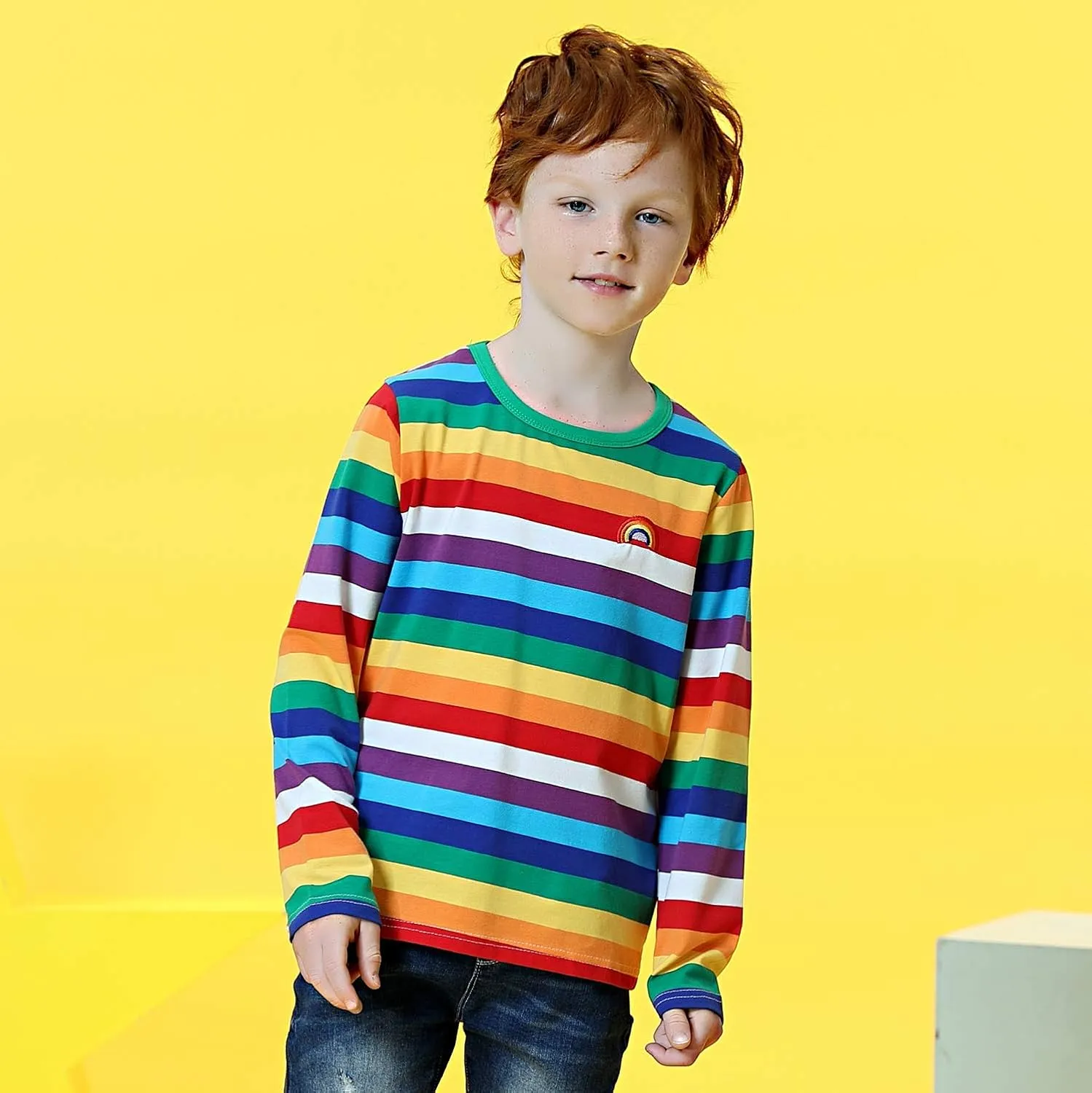 Boys Cotton Long Sleeve T-Shirts Rainbow Striped Shirts