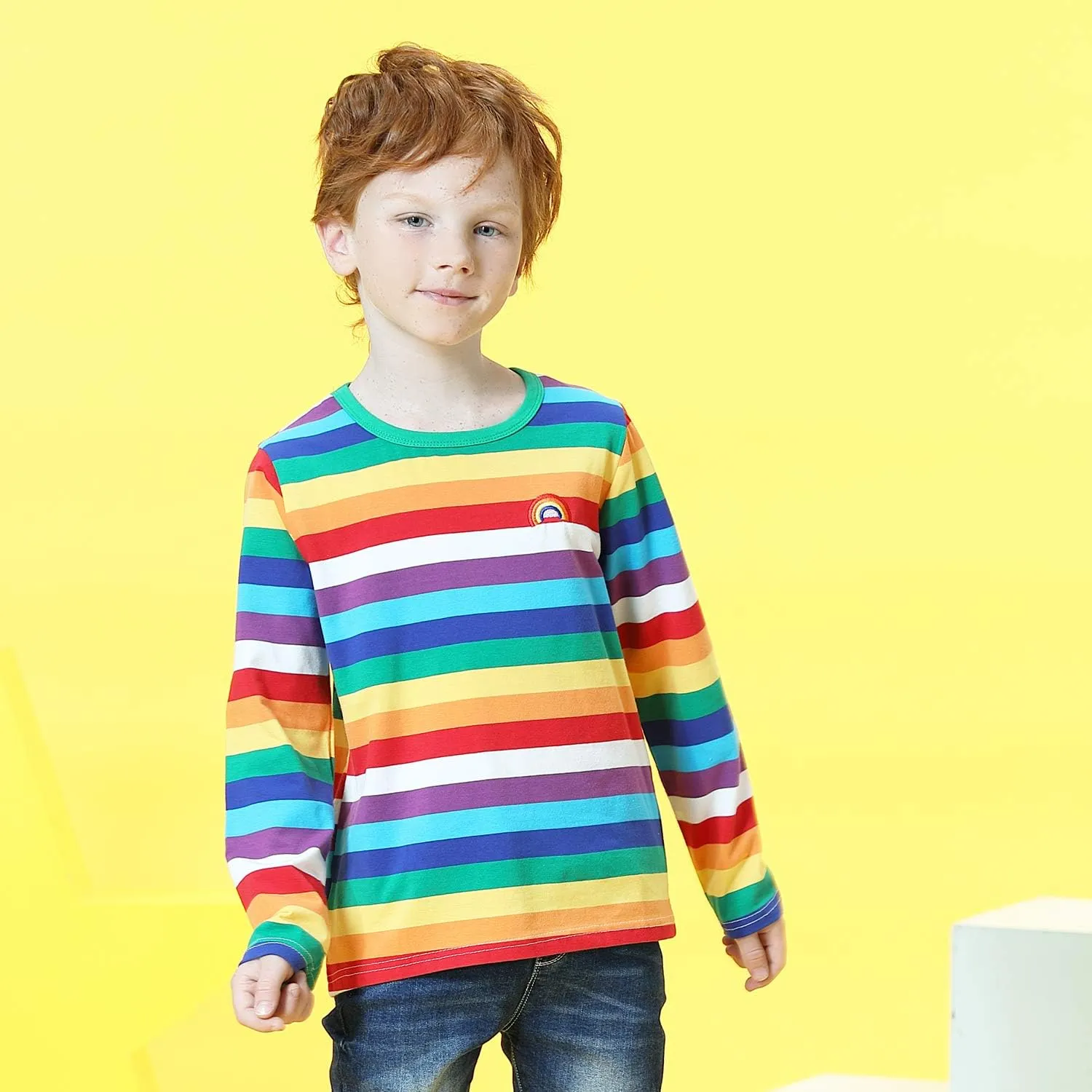 Boys Rainbow Striped Shirt Cotton Long Sleeve T-Shirts