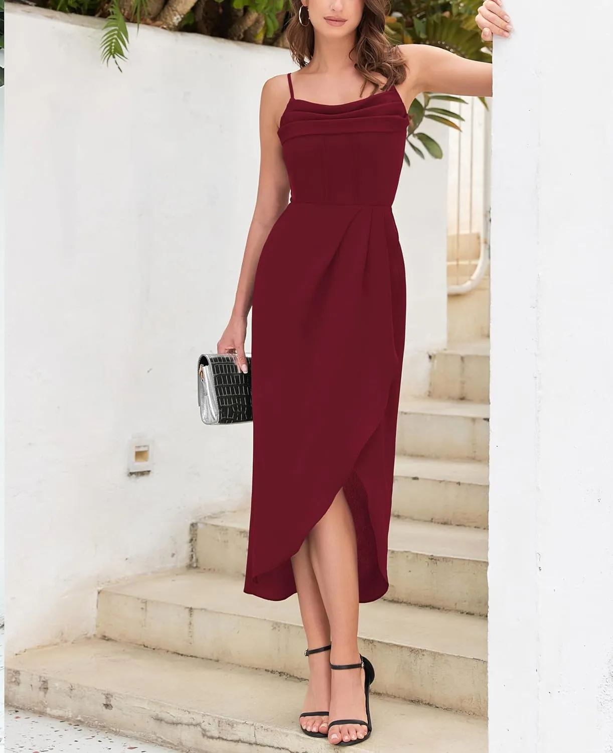 Brosloth Womens Wedding Guest Dresses High Low Wrap Smocked Midi Formal Dresses