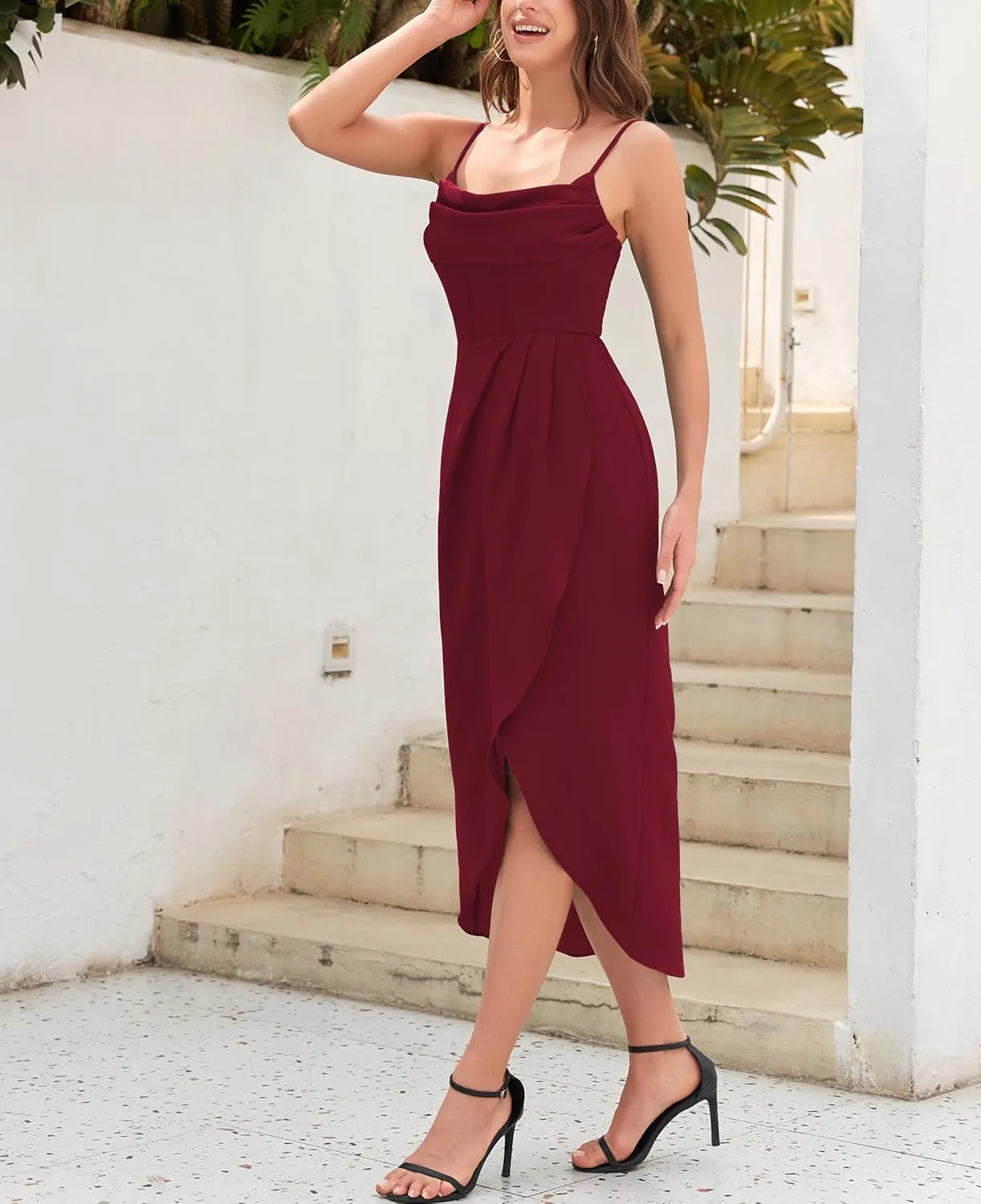 Brosloth Womens Wedding Guest Dresses High Low Wrap Smocked Midi Formal Dresses