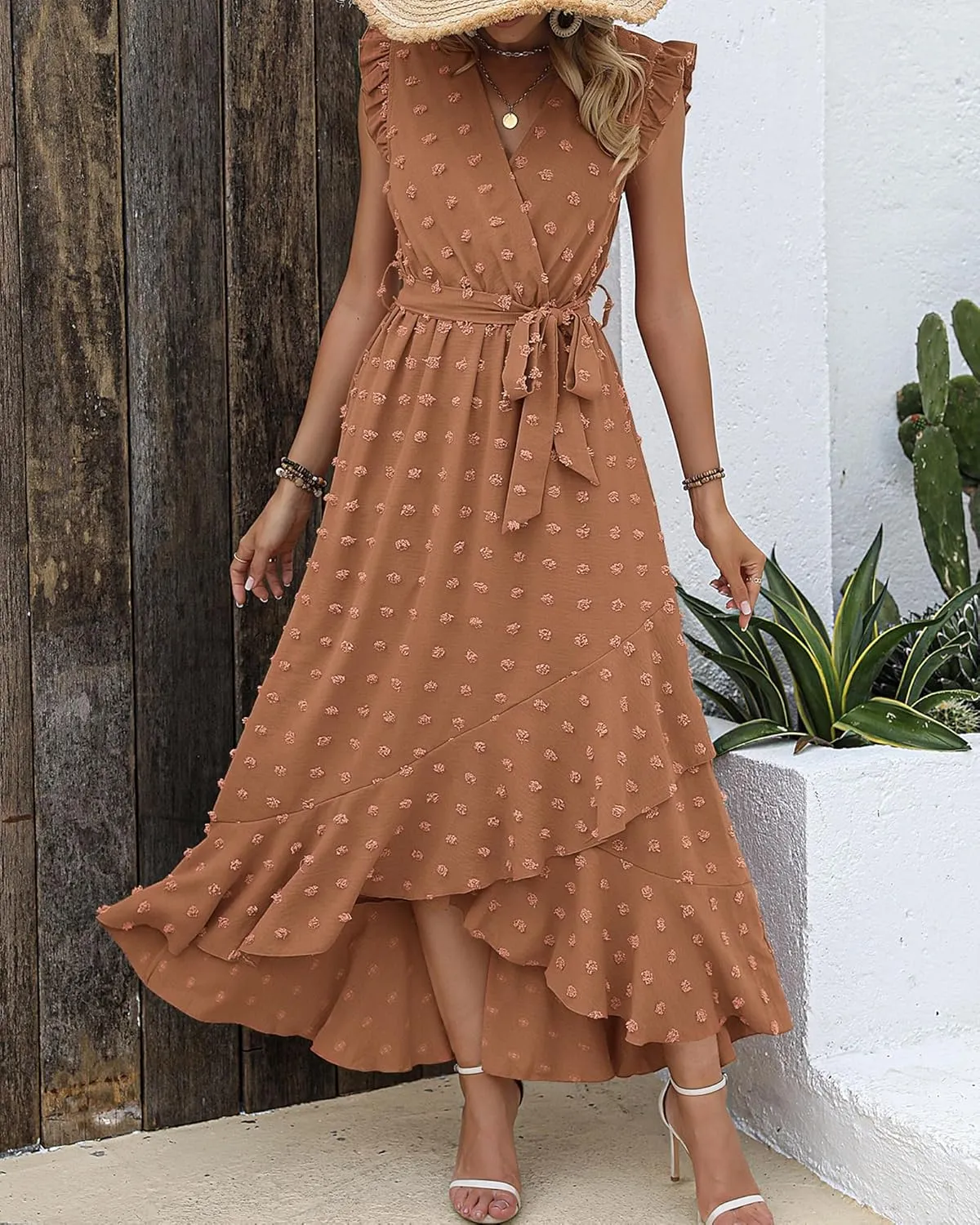 BTFBM Women V Neck Summer Dress 2025 Cap Sleeve Swiss Dot Boho Flowy Ruffle Slit Beach Party Long Maxi Cocktail Dresses