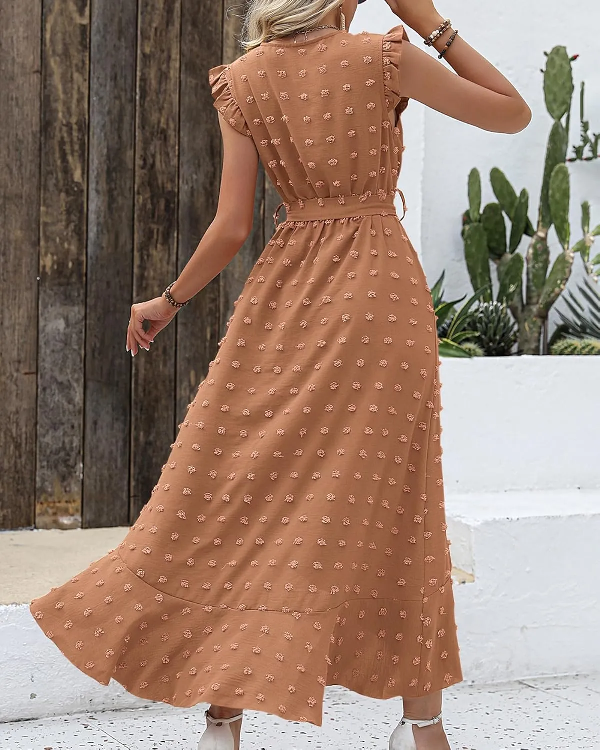 BTFBM Women V Neck Summer Dress 2025 Cap Sleeve Swiss Dot Boho Flowy Ruffle Slit Beach Party Long Maxi Cocktail Dresses