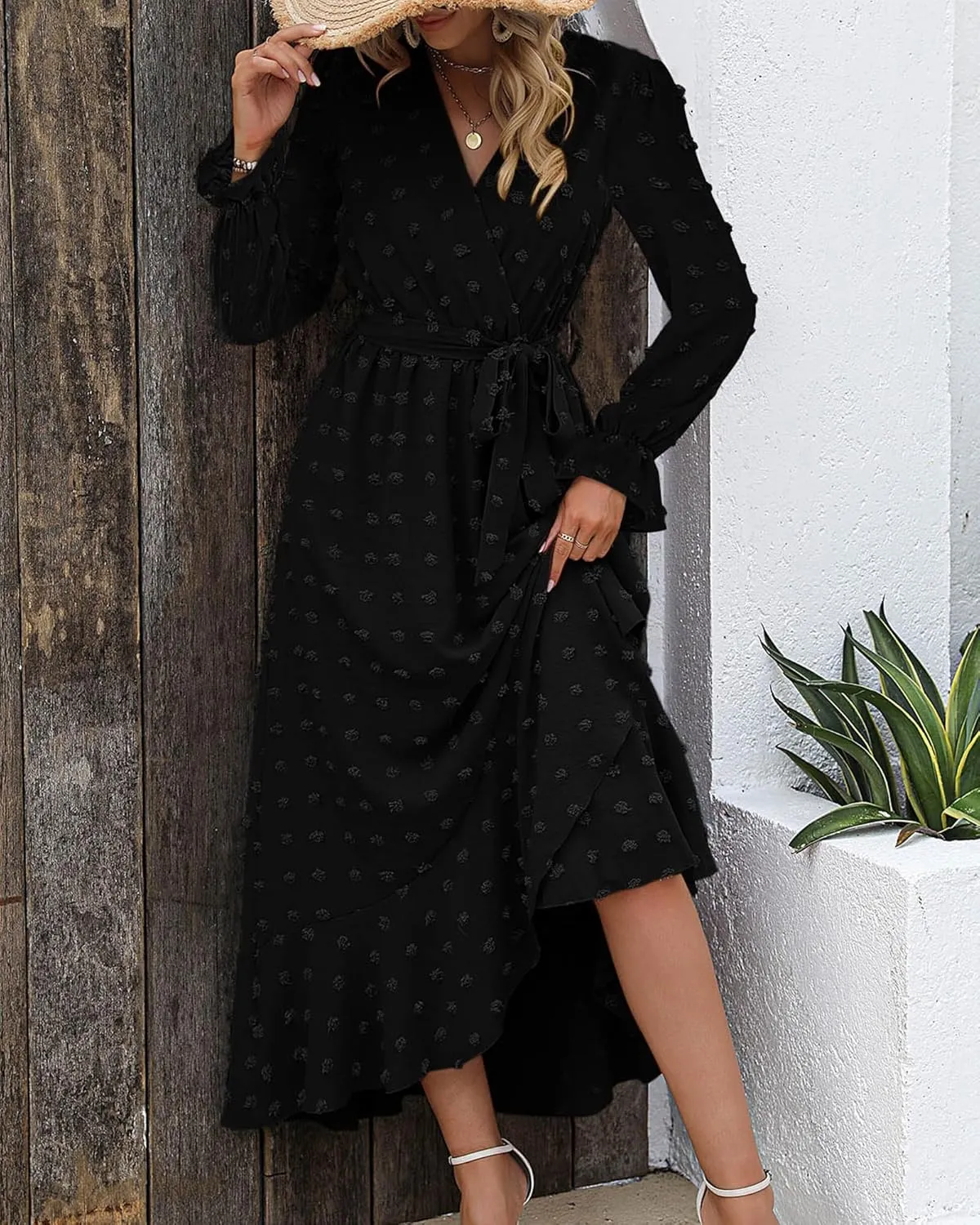 BTFBM Womens Boho Cocktail Maxi Dress Fall Fashion 2025 V Neck Long Sleeve Swiss Dot Flowy Slit Wedding Guest Dresses