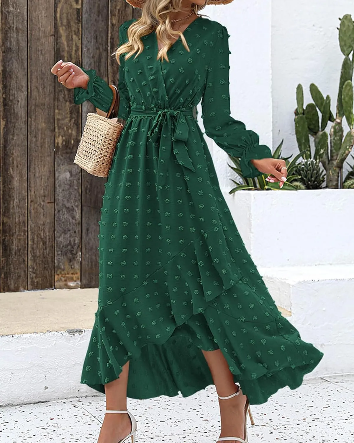 BTFBM Womens Boho Cocktail Maxi Dress Fall Fashion 2025 V Neck Long Sleeve Swiss Dot Flowy Slit Wedding Guest Dresses