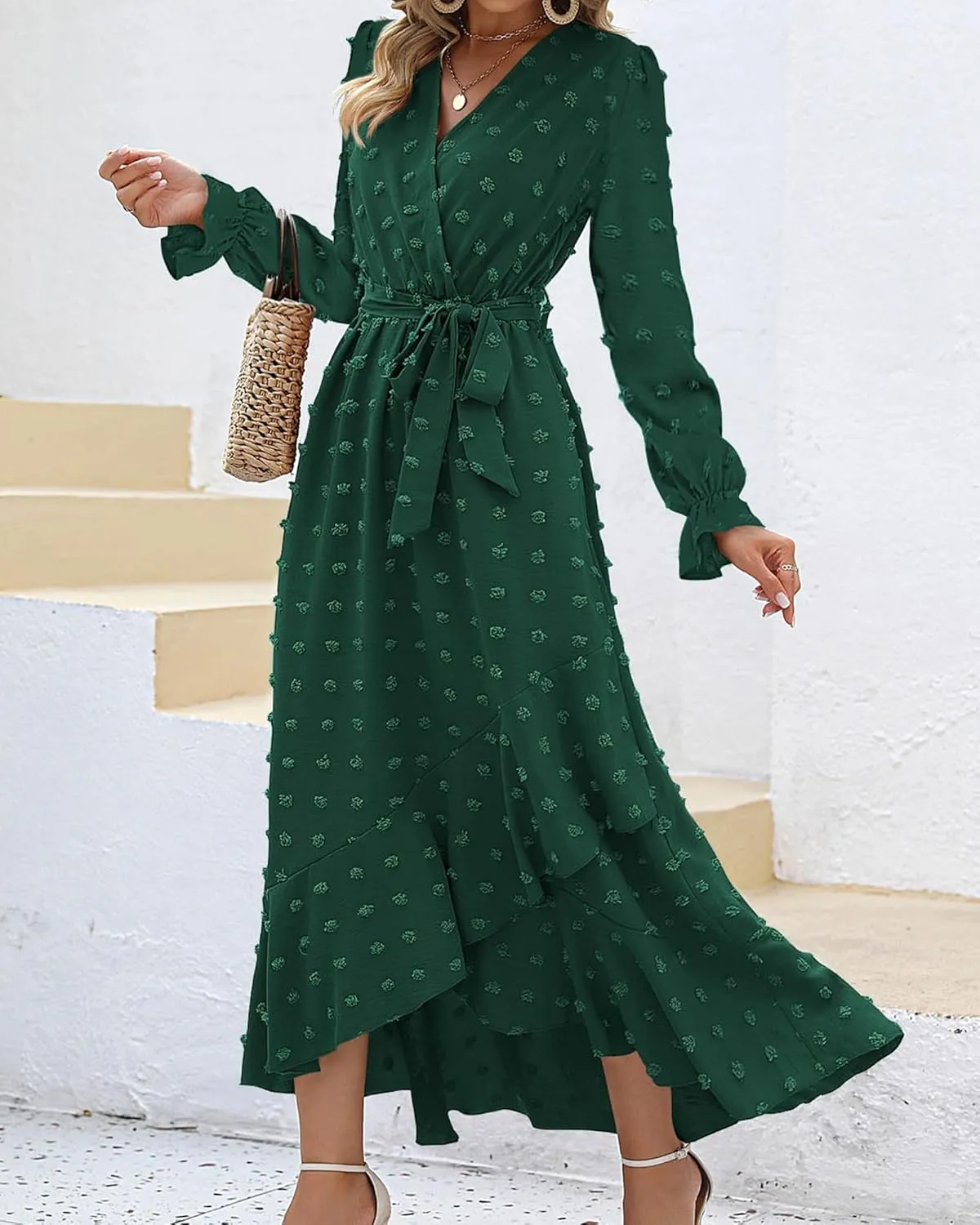 BTFBM Womens Boho Cocktail Maxi Dress Fall Fashion 2025 V Neck Long Sleeve Swiss Dot Flowy Slit Wedding Guest Dresses