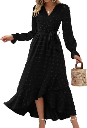 BTFBM Womens Boho Cocktail Maxi Dress Fall Fashion 2025 V Neck Long Sleeve Swiss Dot Flowy Slit Wedding Guest Dresses