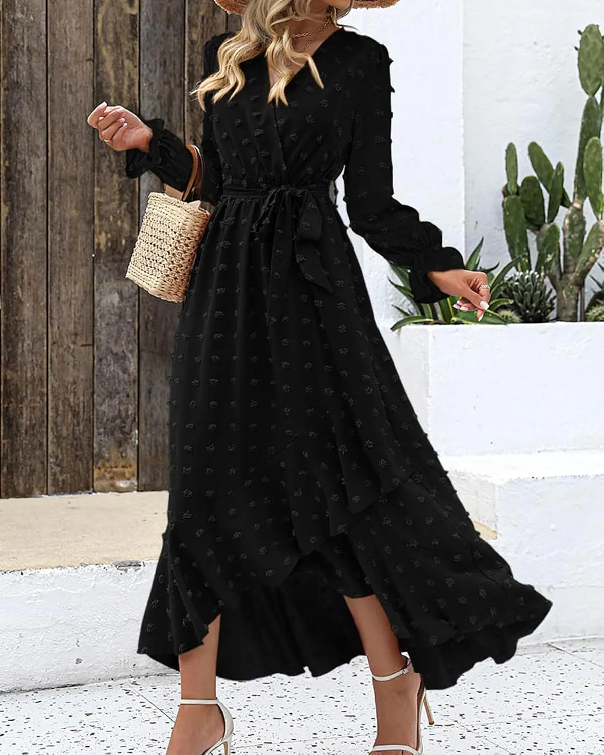 BTFBM Womens Boho Cocktail Maxi Dress Fall Fashion 2025 V Neck Long Sleeve Swiss Dot Flowy Slit Wedding Guest Dresses