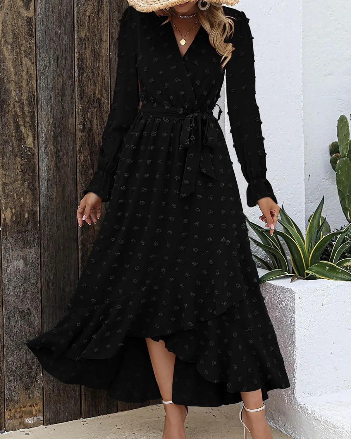 BTFBM Womens Boho Cocktail Maxi Dress Fall Fashion 2025 V Neck Long Sleeve Swiss Dot Flowy Slit Wedding Guest Dresses