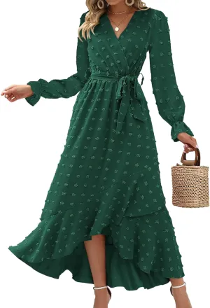 BTFBM Womens Boho Cocktail Maxi Dress Fall Fashion 2025 V Neck Long Sleeve Swiss Dot Flowy Slit Wedding Guest Dresses