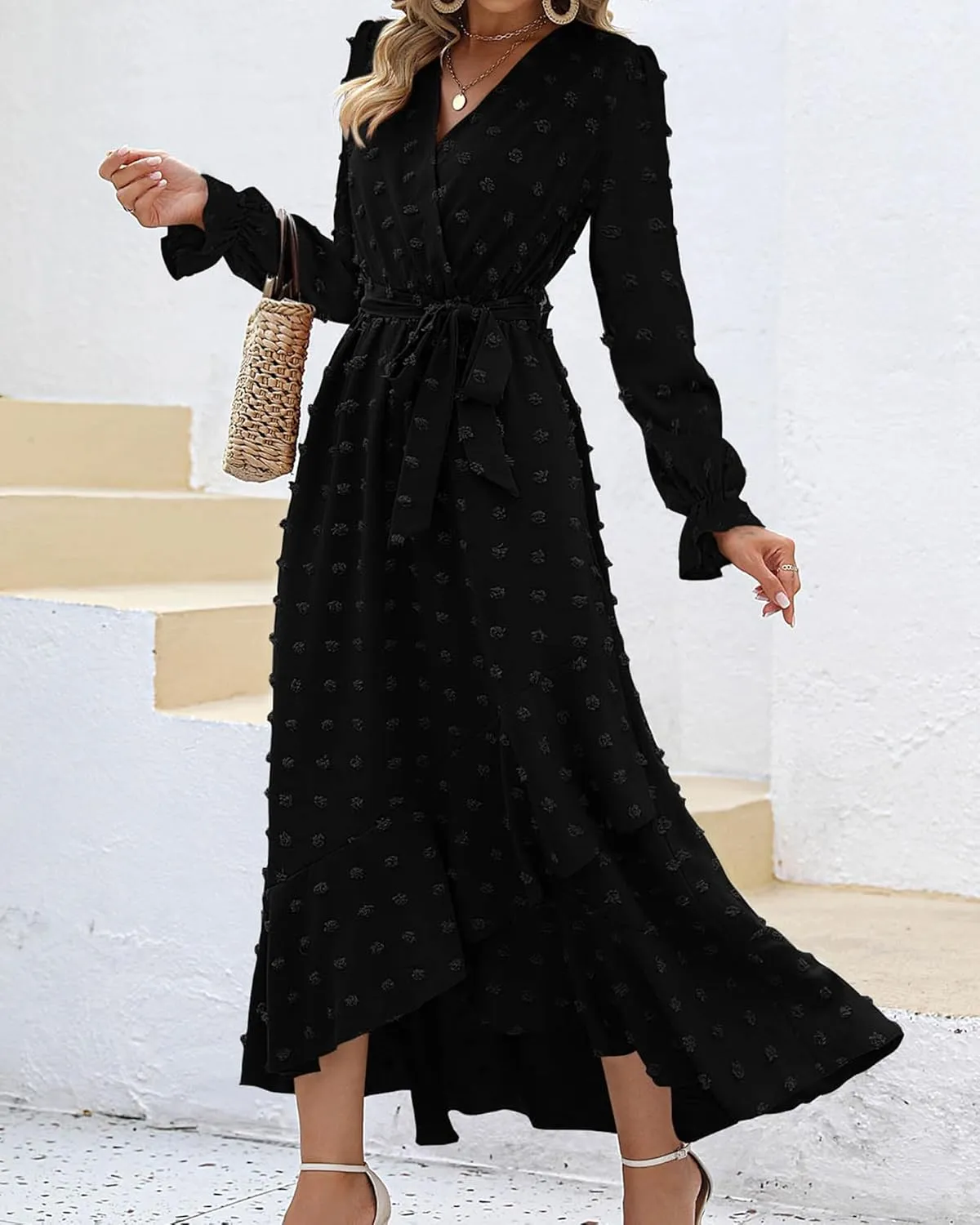 BTFBM Womens Boho Cocktail Maxi Dress Fall Fashion 2025 V Neck Long Sleeve Swiss Dot Flowy Slit Wedding Guest Dresses