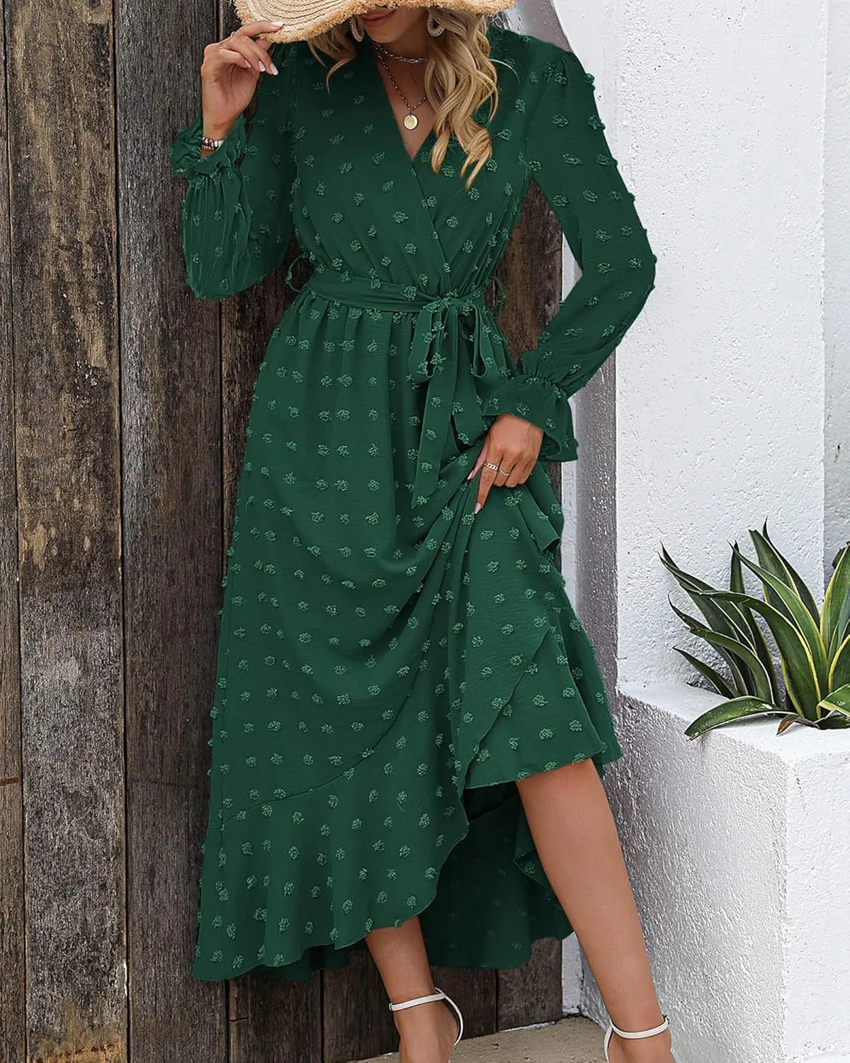 BTFBM Womens Boho Cocktail Maxi Dress Fall Fashion 2025 V Neck Long Sleeve Swiss Dot Flowy Slit Wedding Guest Dresses