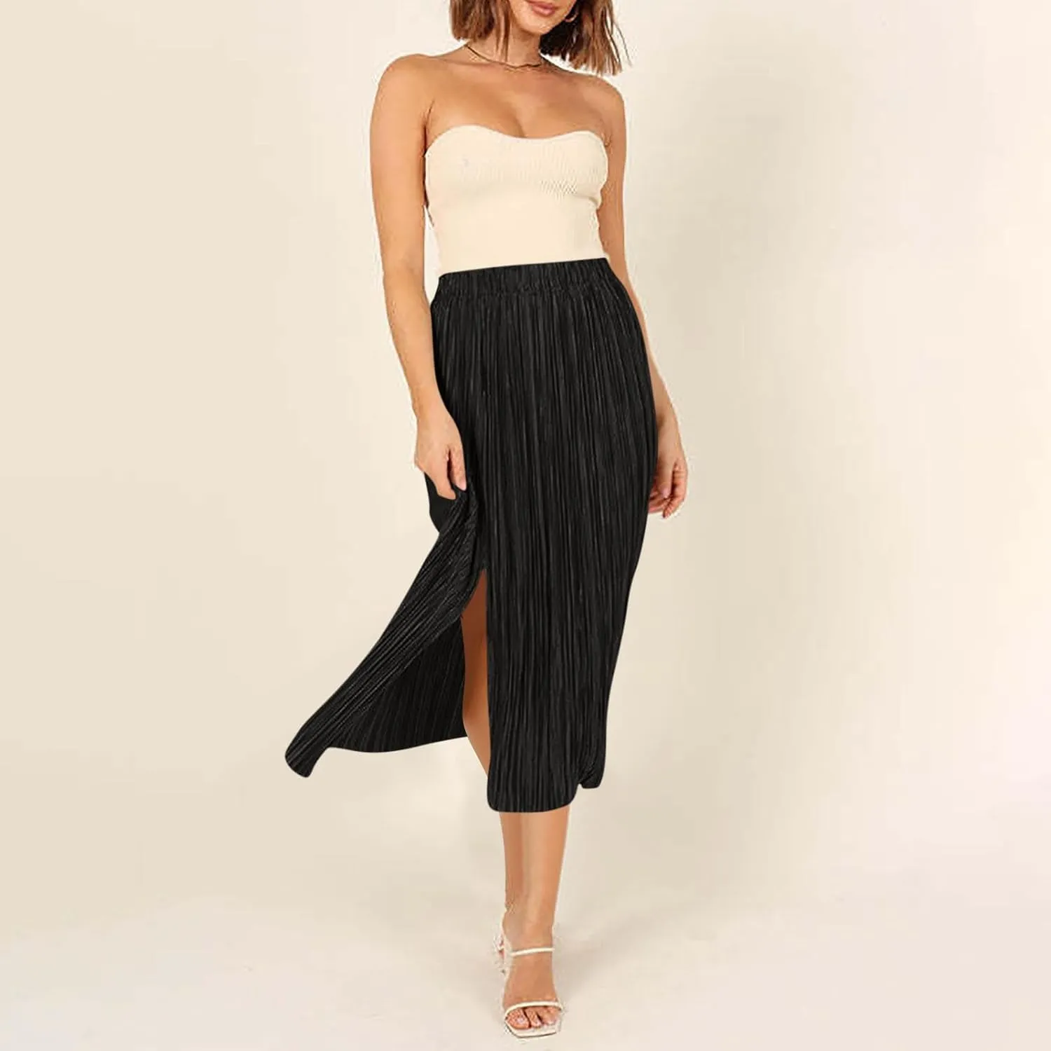 Business Casual Skirts Women Elastic High Waisted Skirts Flowy Summer Skirt Slit Split Sexy Skirts Pleated Midi Skirt
