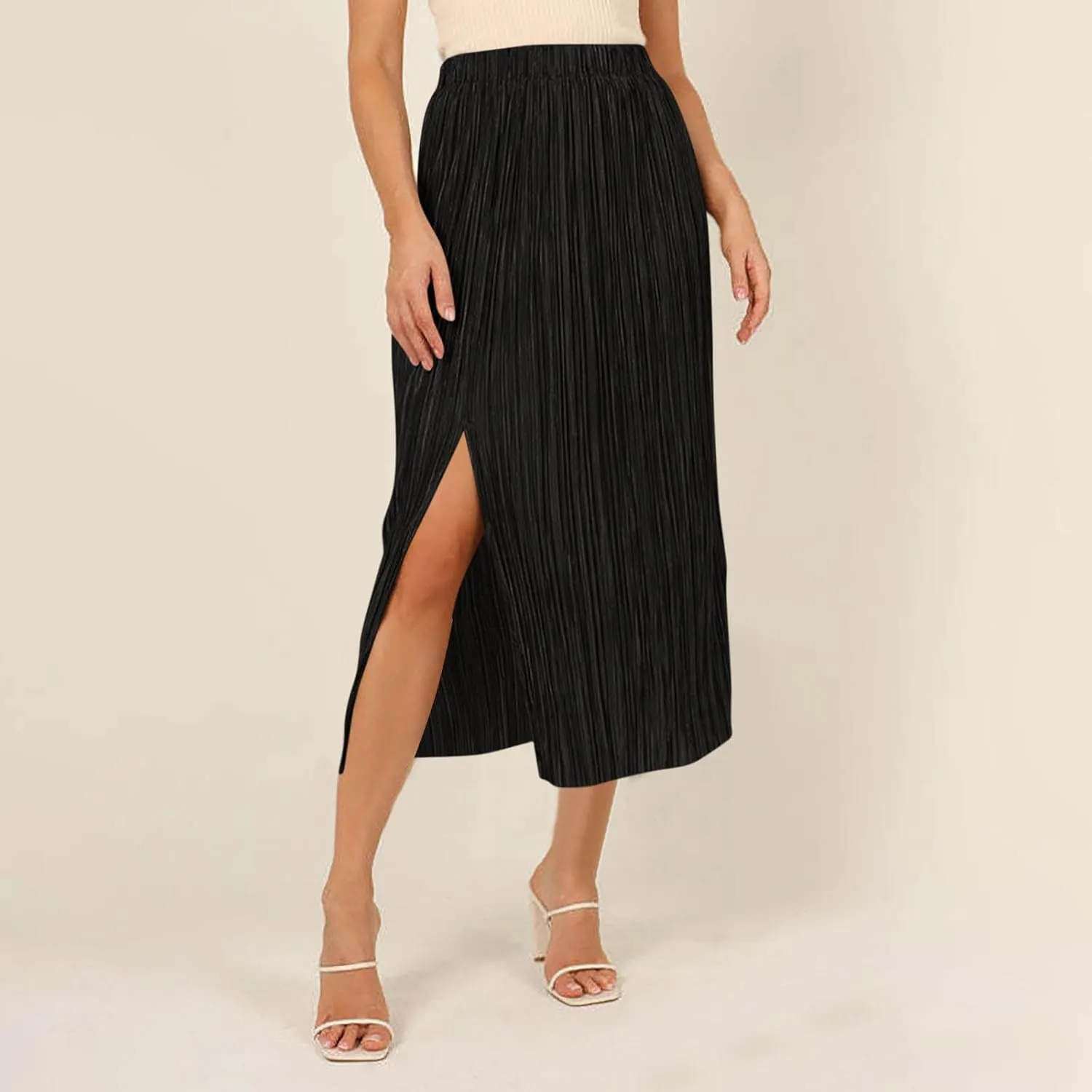 Business Casual Skirts Women Elastic High Waisted Skirts Flowy Summer Skirt Slit Split Sexy Skirts Pleated Midi Skirt