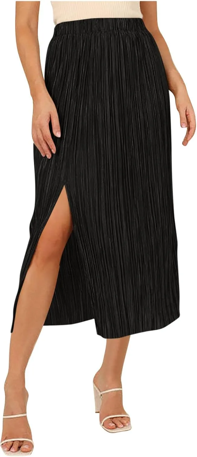 Business Casual Skirts Women Elastic High Waisted Skirts Flowy Summer Skirt Slit Split Sexy Skirts Pleated Midi Skirt