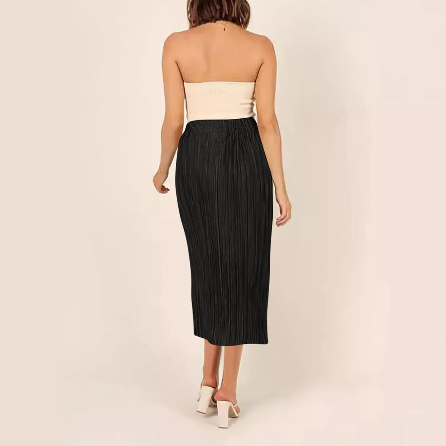 Business Casual Skirts Women Elastic High Waisted Skirts Flowy Summer Skirt Slit Split Sexy Skirts Pleated Midi Skirt