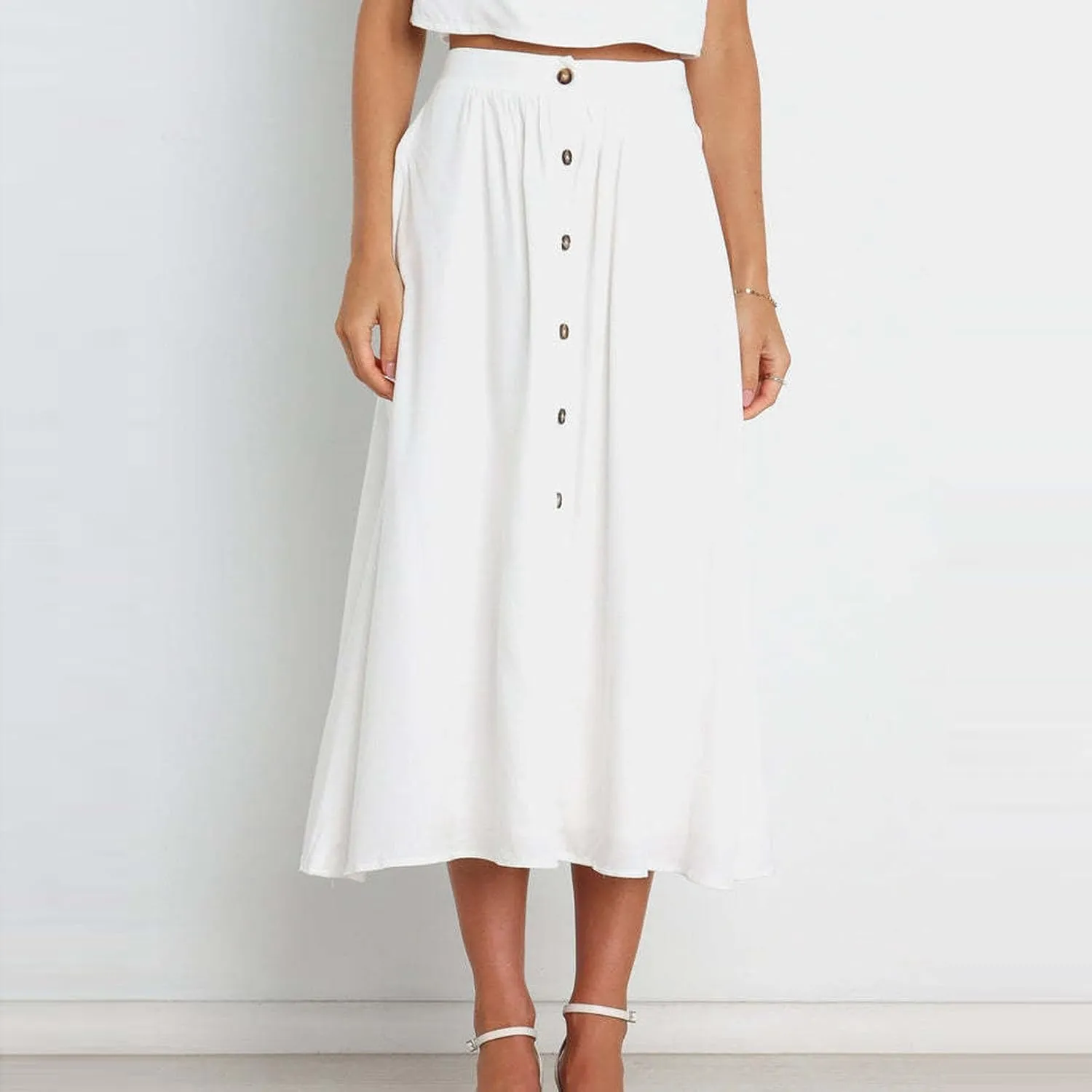 Button Down Skirts for Women Casual Summer Skrits High Waisted Midi Skirt with Pockets Lightweight Pleated Skirts