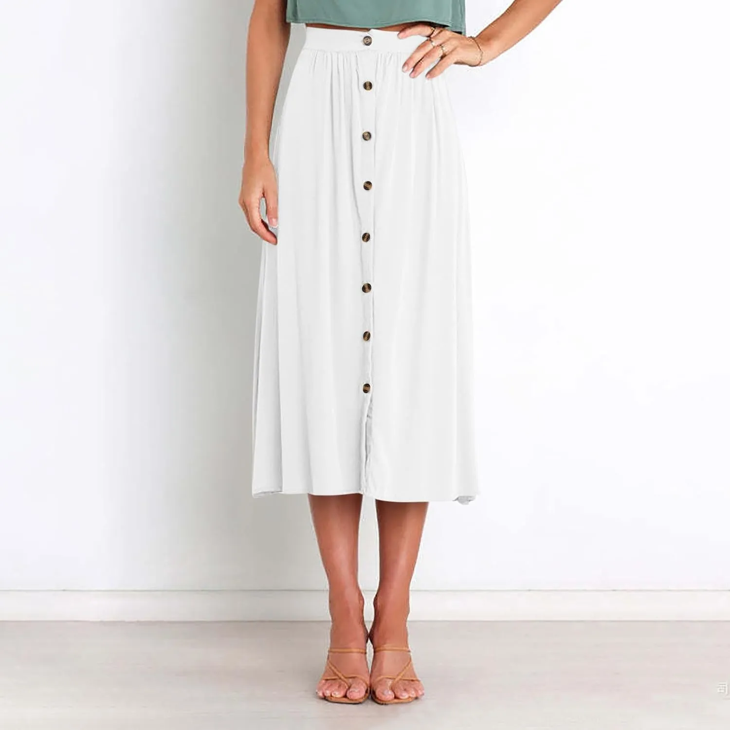 Button Down Skirts for Women Casual Summer Skrits High Waisted Midi Skirt with Pockets Lightweight Pleated Skirts