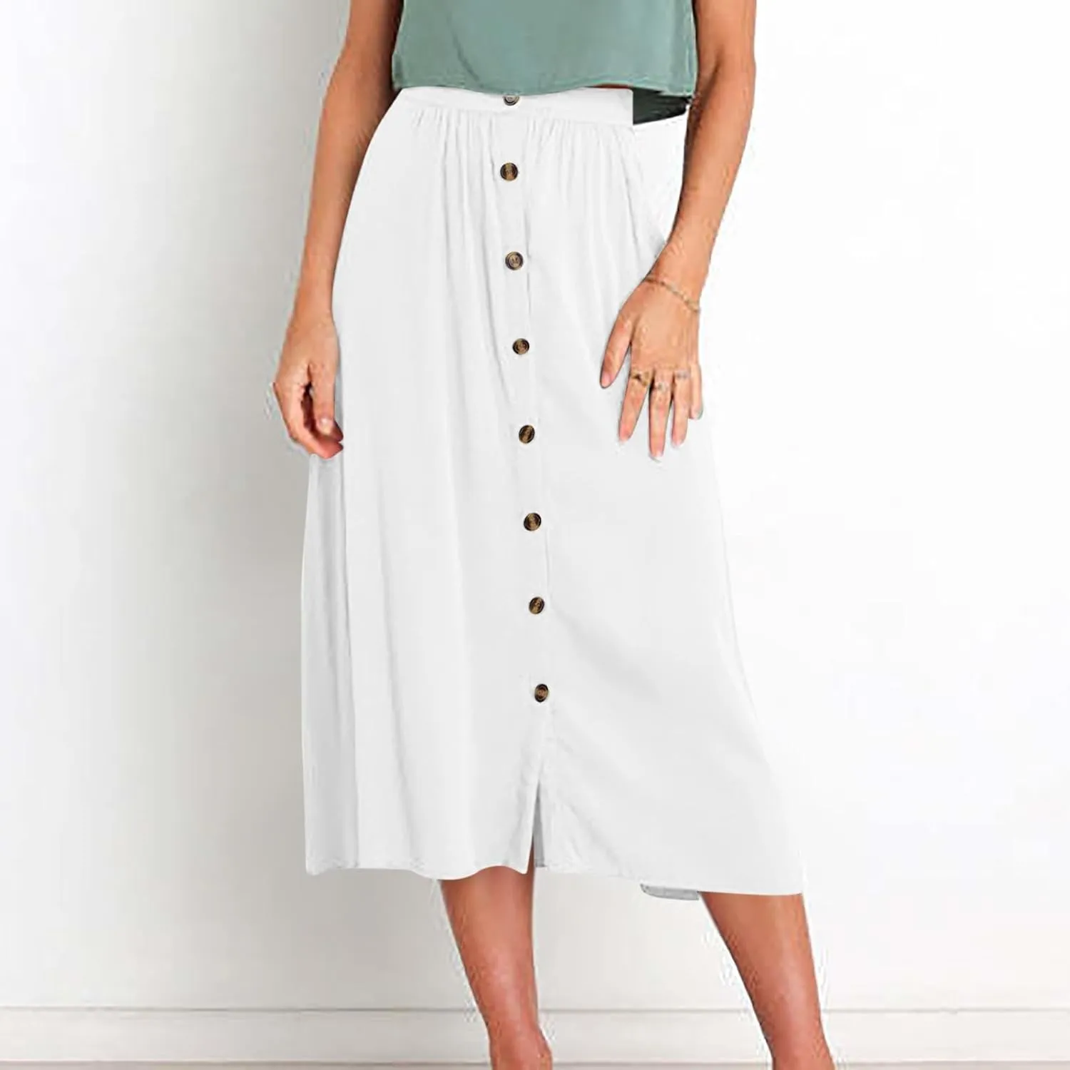 Button Down Skirts for Women Casual Summer Skrits High Waisted Midi Skirt with Pockets Lightweight Pleated Skirts