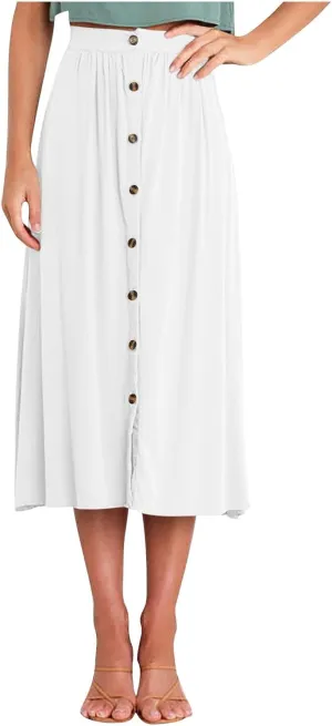 Button Down Skirts for Women Casual Summer Skrits High Waisted Midi Skirt with Pockets Lightweight Pleated Skirts