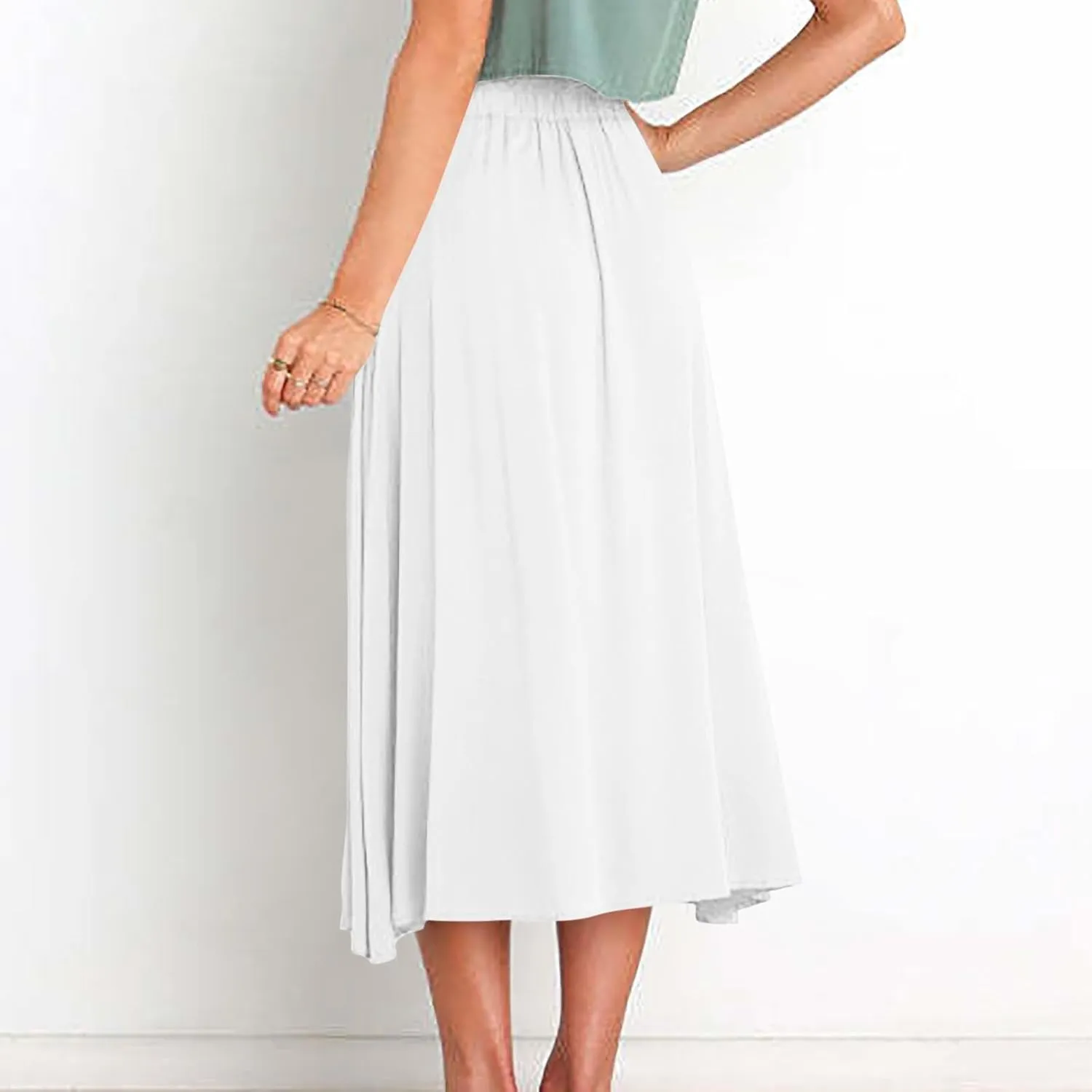 Button Down Skirts for Women Casual Summer Skrits High Waisted Midi Skirt with Pockets Lightweight Pleated Skirts