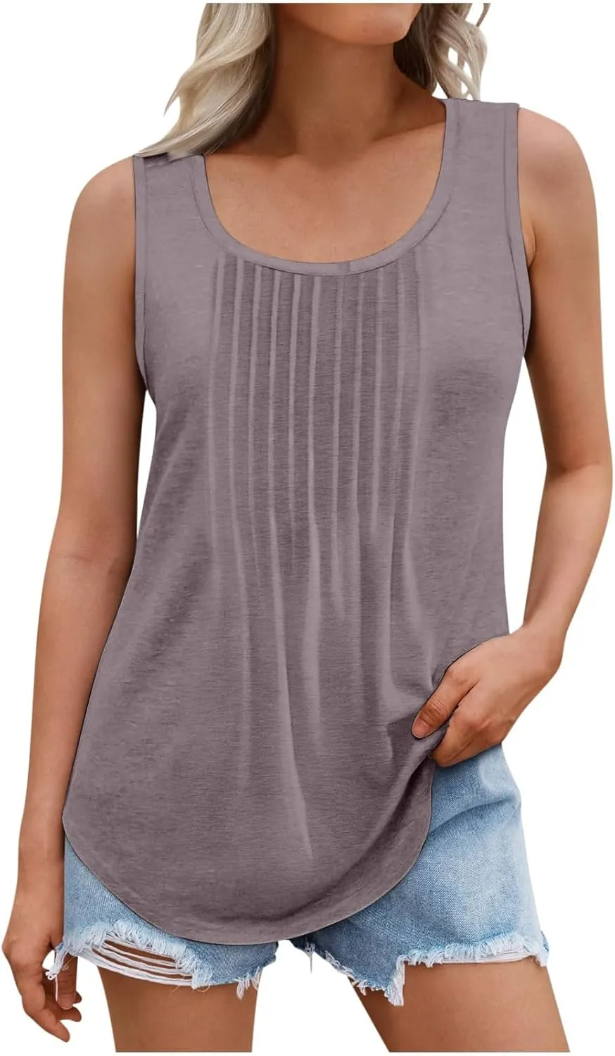 BZGTZT Plus Size Round Neck Tank Tops for Women Summer Sleeveless Causal Trendy Tunic Top Loose Fit Pleated Solid Shirts