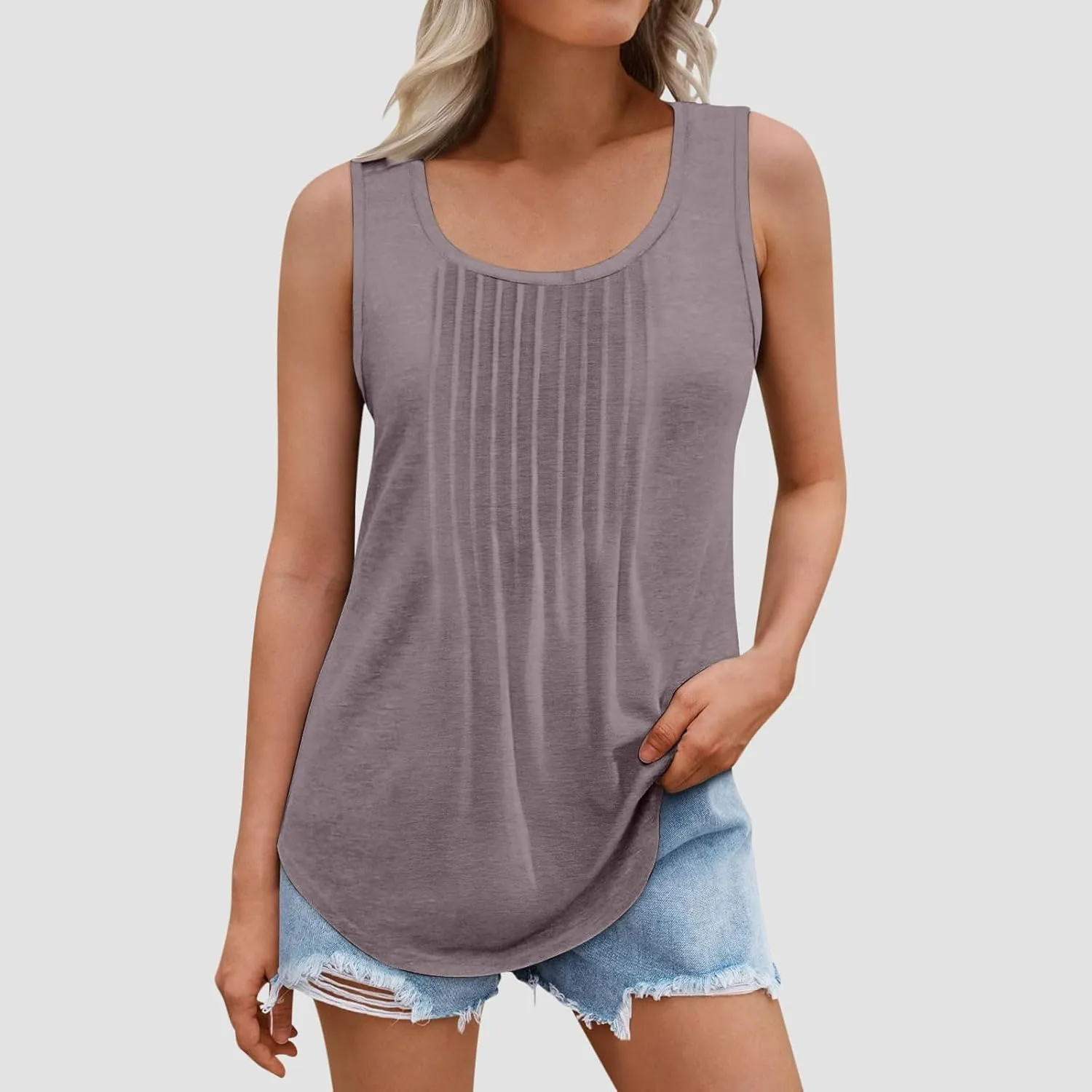 BZGTZT Plus Size Round Neck Tank Tops for Women Summer Sleeveless Causal Trendy Tunic Top Loose Fit Pleated Solid Shirts