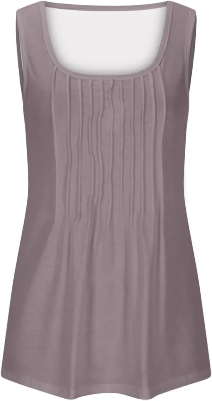 BZGTZT Plus Size Round Neck Tank Tops for Women Summer Sleeveless Causal Trendy Tunic Top Loose Fit Pleated Solid Shirts
