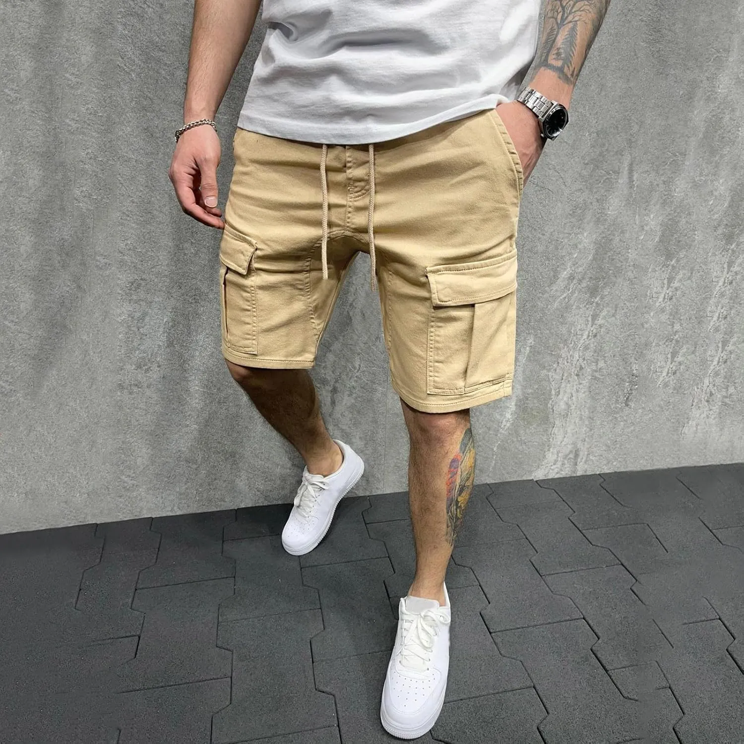 Cargo Shorts Men Summer Shorts Drawstring Trousers Solid Male Shorts Pant Pant Slim Pocket Cargo Mens Casual Shorts