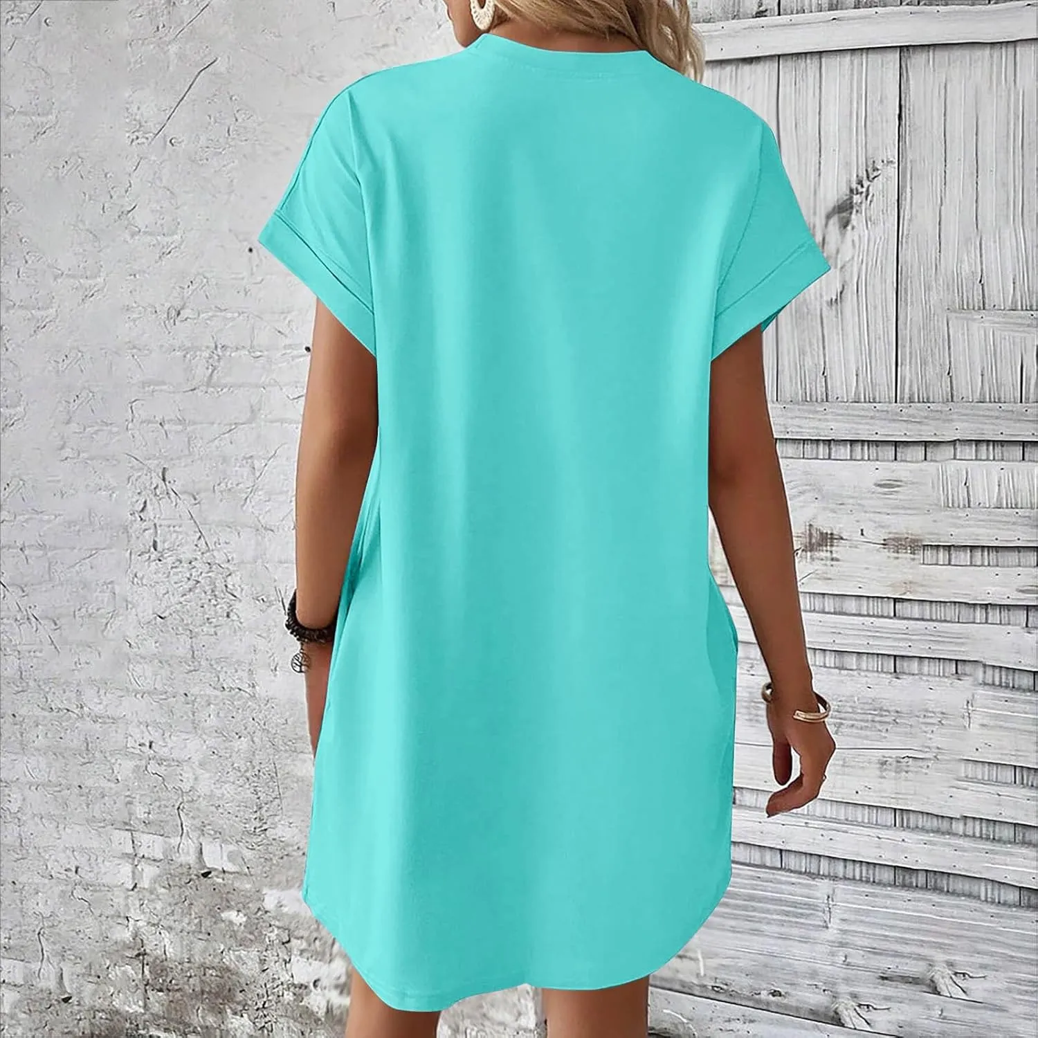 Casual Short Sleeve Tee Dress for Women, Solid Round Neck Mini Dresses Comfy Regular Fit Summer Swing Hem Cute Dress