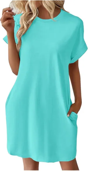 Casual Short Sleeve Tee Dress for Women, Solid Round Neck Mini Dresses Comfy Regular Fit Summer Swing Hem Cute Dress