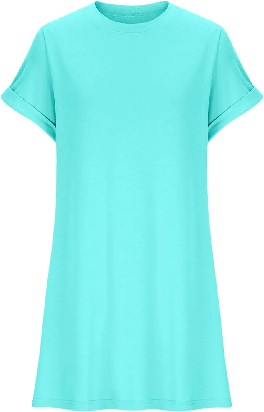 Casual Short Sleeve Tee Dress for Women, Solid Round Neck Mini Dresses Comfy Regular Fit Summer Swing Hem Cute Dress