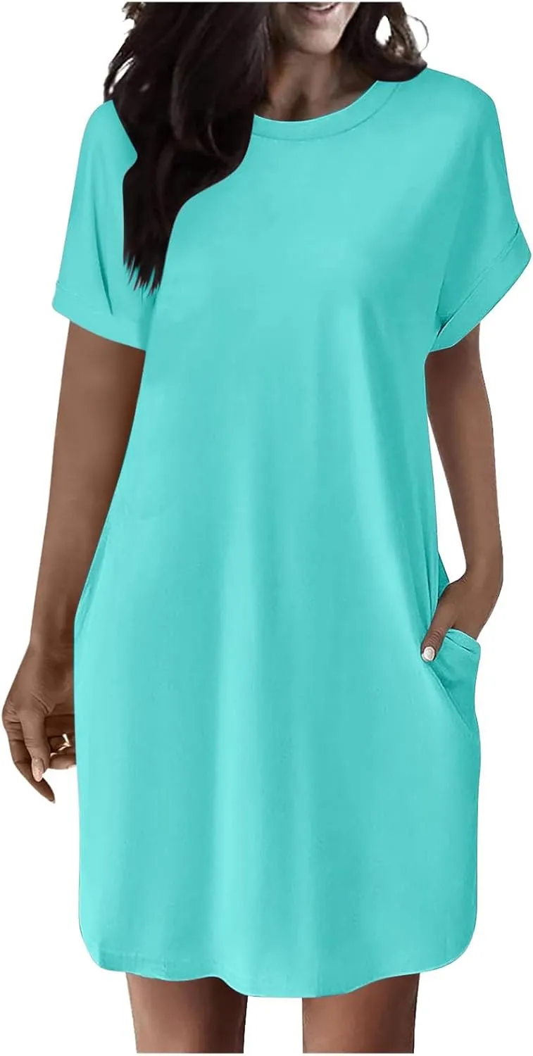 Casual Short Sleeve Tee Dress for Women, Solid Round Neck Mini Dresses Comfy Regular Fit Summer Swing Hem Cute Dress
