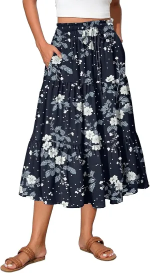 Casual Skirts for Women Summer High Waisted Wrap Midi Skirt Swing A-Line Floral Print Knee Length Skirt with Pockets