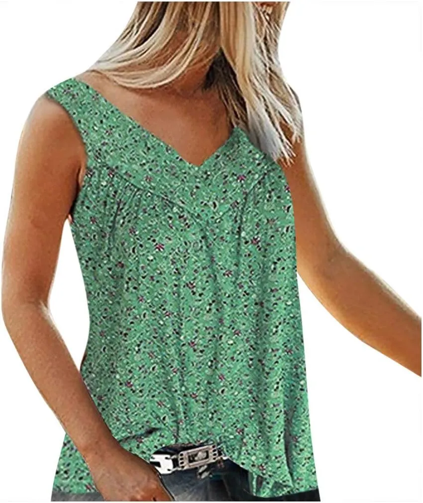 Ceboyel Women 2023 Boho Floral Summer Shirts V Neck Sleeveless Summer Tank Top Loose Fitted Blouse Tunic Ladies Beach Clothes