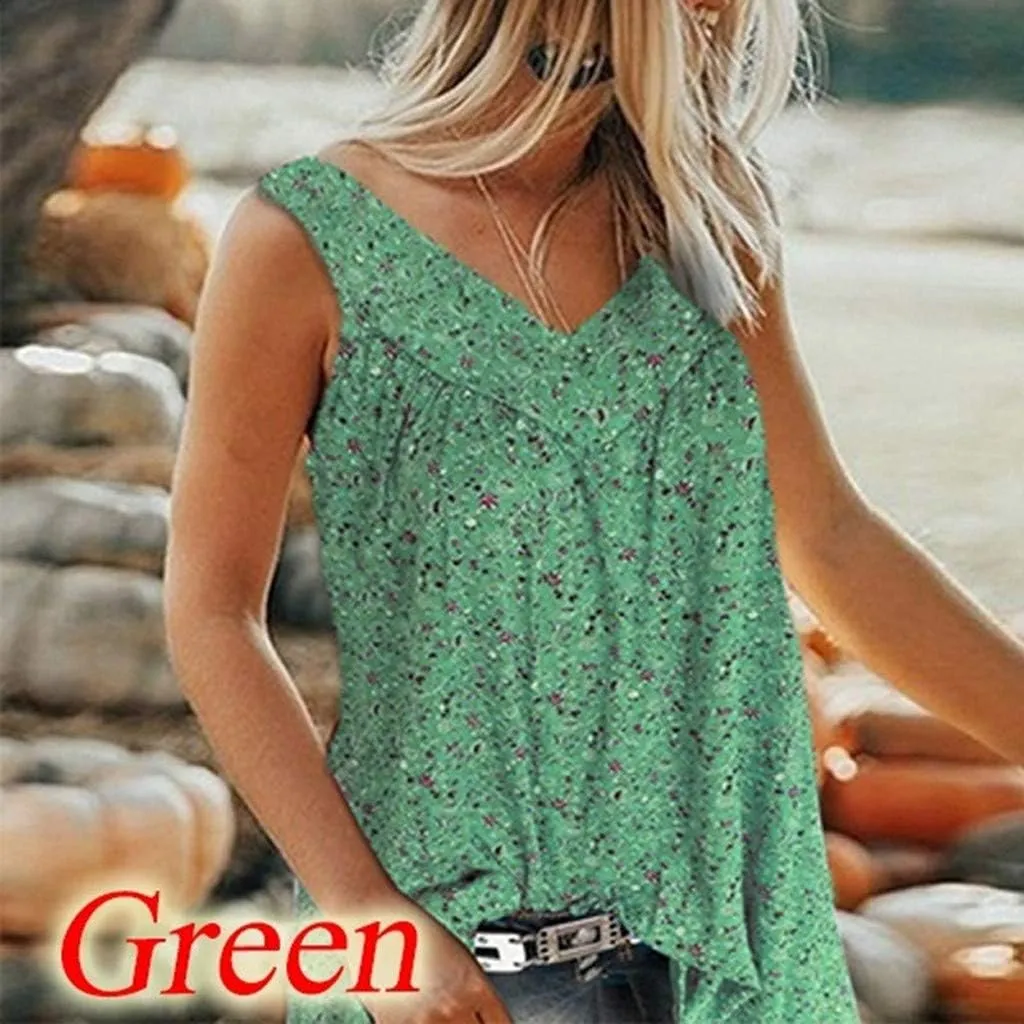Ceboyel Women 2023 Boho Floral Summer Shirts V Neck Sleeveless Summer Tank Top Loose Fitted Blouse Tunic Ladies Beach Clothes
