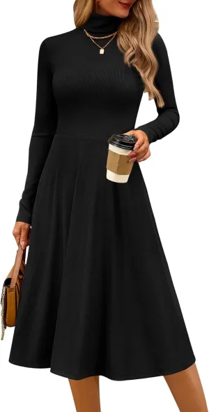 CFLONGE Women's Casual Ribbed Knit High Neck Dress Long Sleeve Fall Dress for Women 2024 Lightweight A Line Flare Dresses