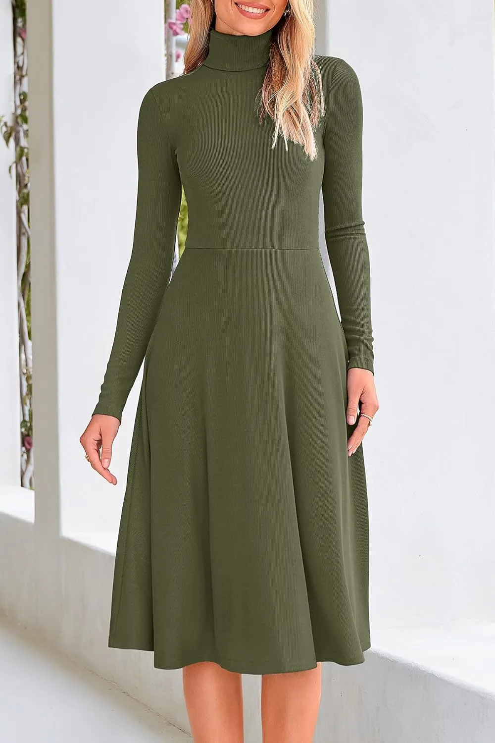 CFLONGE Women's Casual Ribbed Knit High Neck Dress Long Sleeve Fall Dress for Women 2024 Lightweight A Line Flare Dresses