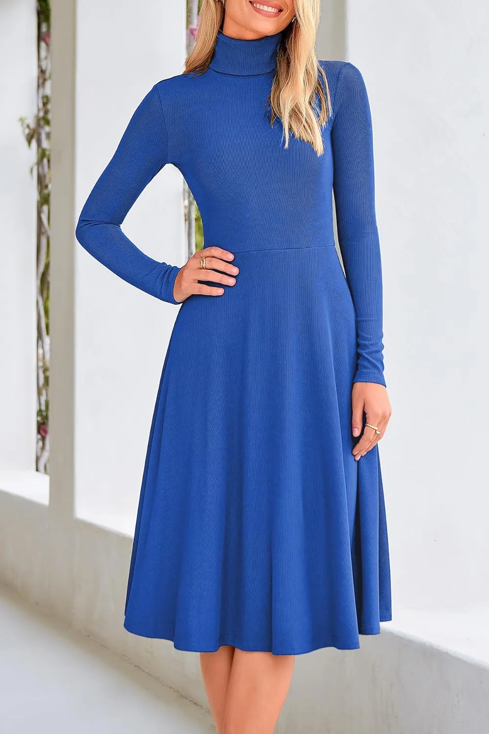 CFLONGE Women's Casual Ribbed Knit High Neck Dress Long Sleeve Fall Dress for Women 2024 Lightweight A Line Flare Dresses