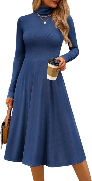 CFLONGE Women's Casual Ribbed Knit High Neck Dress Long Sleeve Fall Dress for Women 2024 Lightweight A Line Flare Dresses