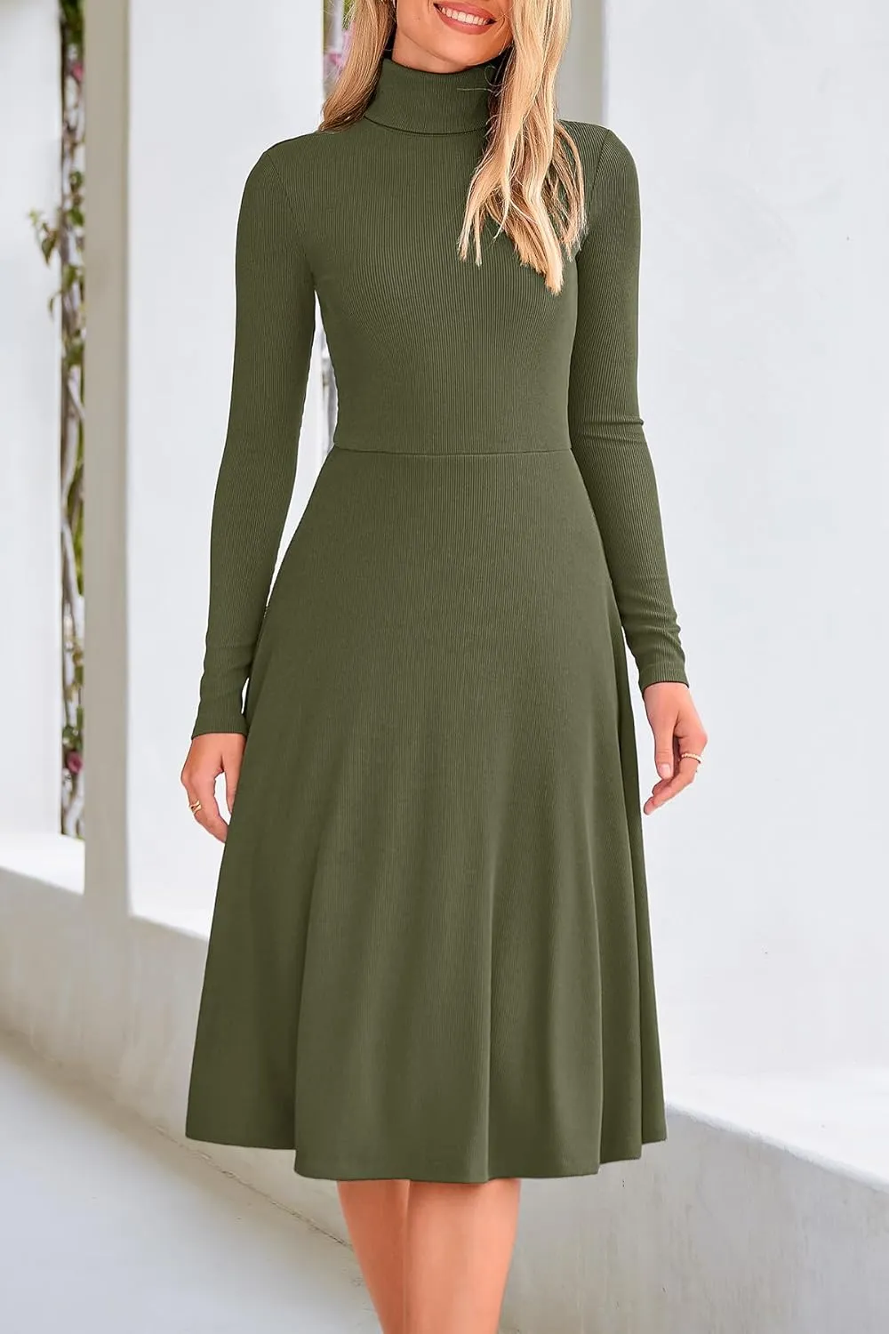 CFLONGE Women's Casual Ribbed Knit High Neck Dress Long Sleeve Fall Dress for Women 2024 Lightweight A Line Flare Dresses