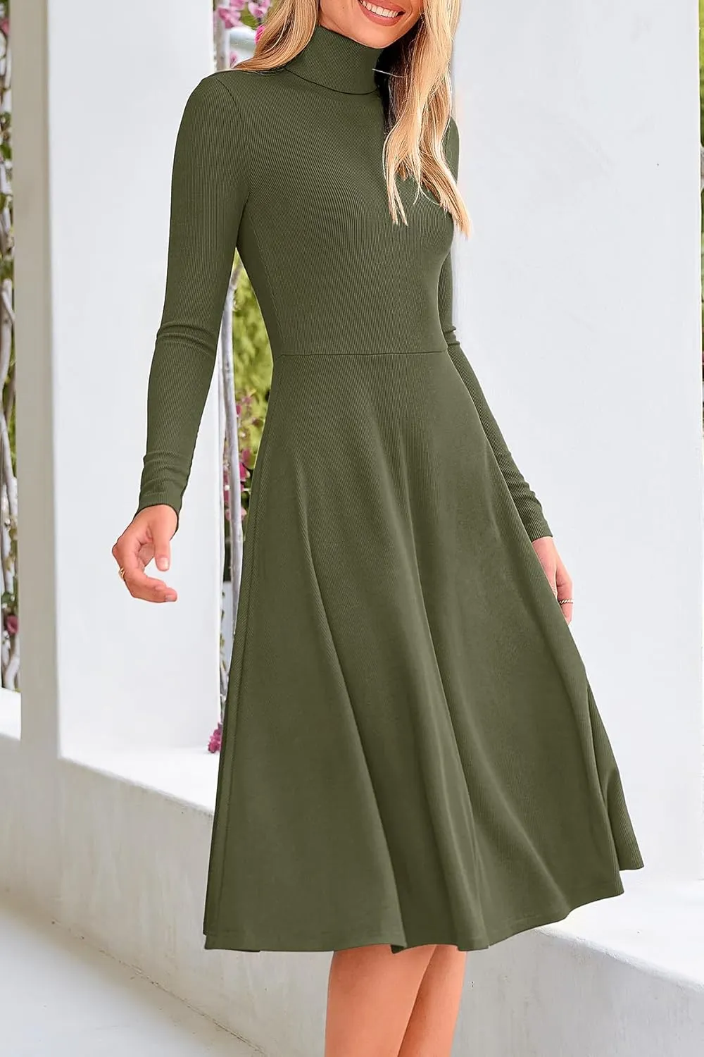 CFLONGE Women's Casual Ribbed Knit High Neck Dress Long Sleeve Fall Dress for Women 2024 Lightweight A Line Flare Dresses