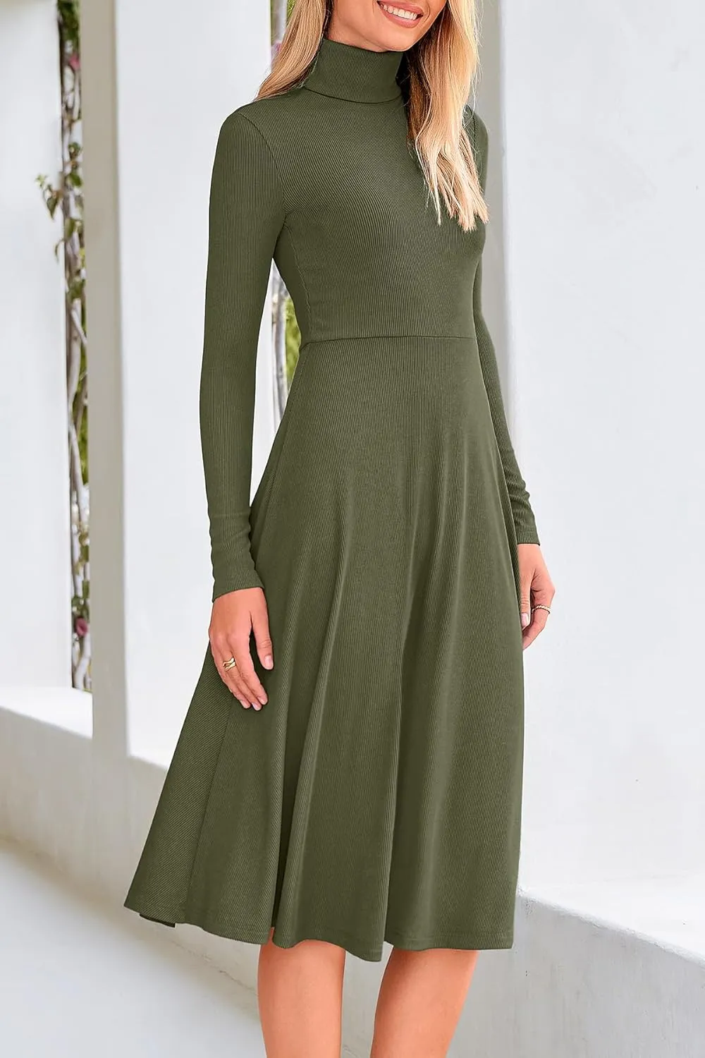 CFLONGE Women's Casual Ribbed Knit High Neck Dress Long Sleeve Fall Dress for Women 2024 Lightweight A Line Flare Dresses