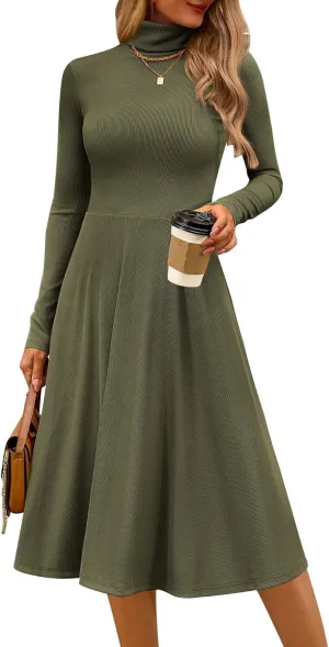 CFLONGE Women's Casual Ribbed Knit High Neck Dress Long Sleeve Fall Dress for Women 2024 Lightweight A Line Flare Dresses